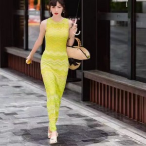 Cardigan intercolor cu mânecă lungă de vară, tricotat de vară-Set de rochii cu dungi tricotate fără mâneci cu gât